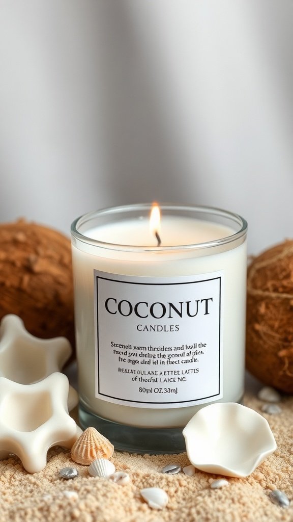 Uma vela de coco cercada por conchas e areia, evocando um clima de praia tropical.