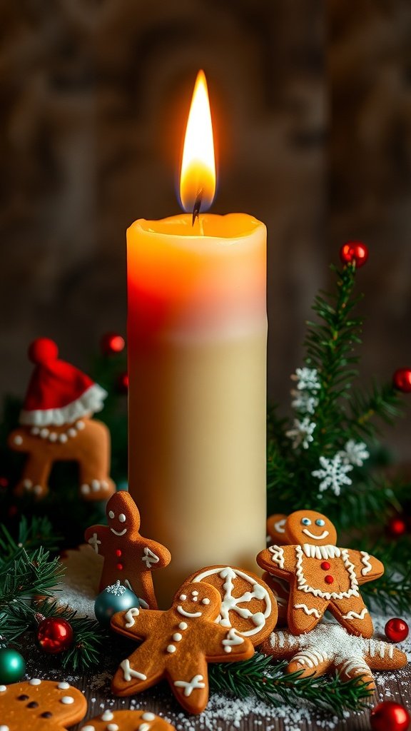 Uma vela acesa cercada por biscoitos de gengibre e decorações festivas.