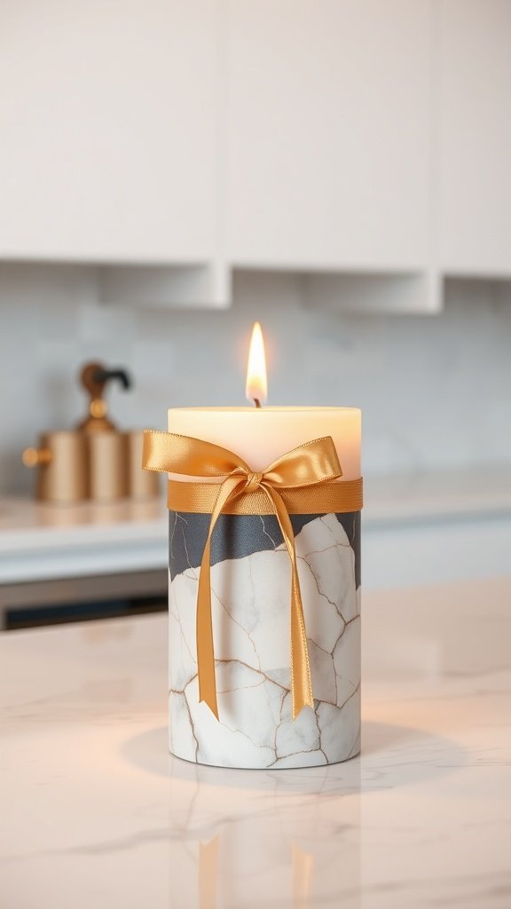Una vela envuelta en un elegante papel marmolado con una cinta dorada, colocada sobre la encimera de la cocina.