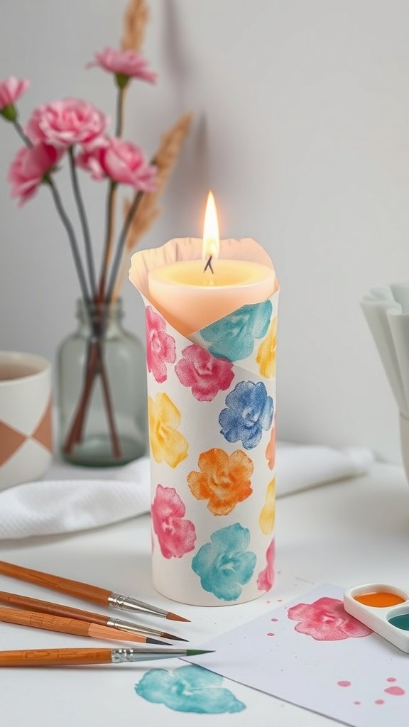 Una vela envuelta en un brillante diseño de acuarela con flores, rodeada de materiales de arte.