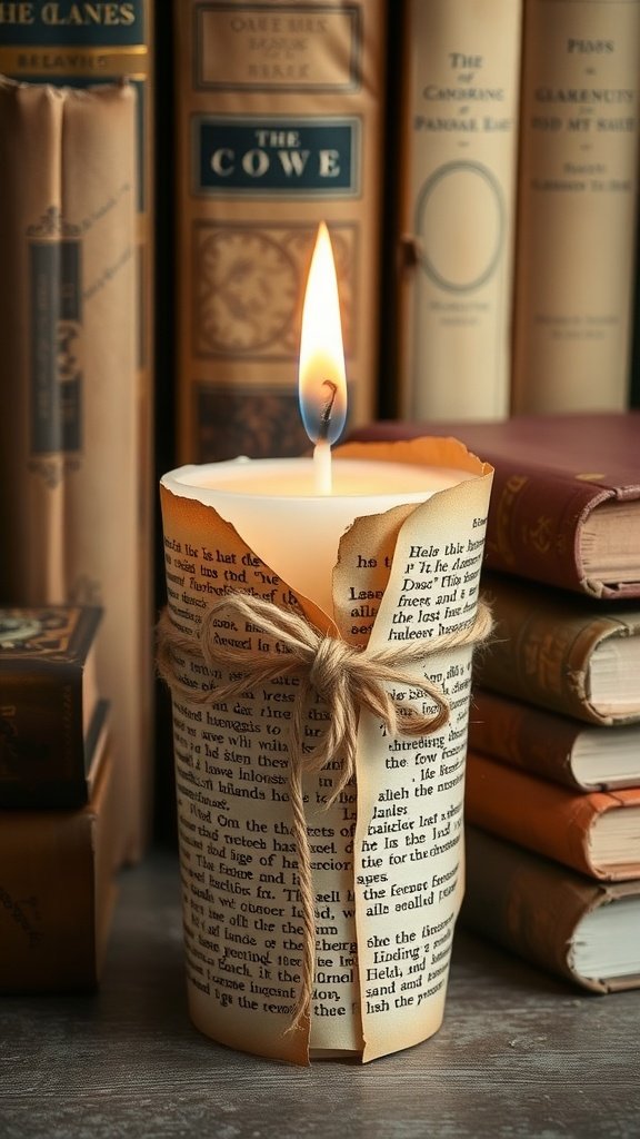 Una vela envuelta en páginas de libros antiguos, atada con cordel, rodeada de libros viejos.