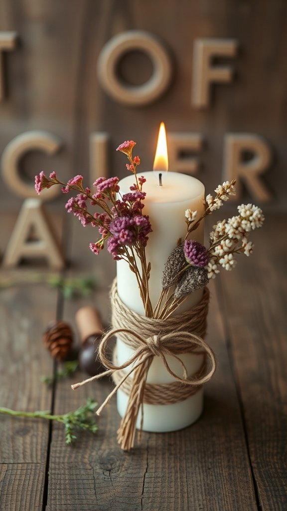 Una vela blanca envuelta con cordel y decorada con flores secas sobre una mesa de madera.
