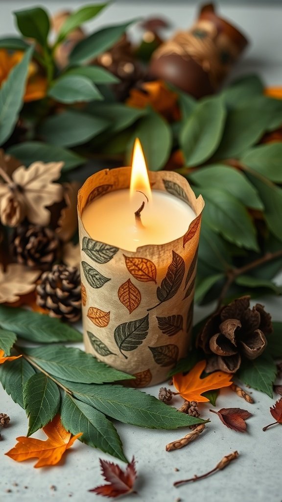 Una vela envuelta en papel con estampado de hojas inspirado en la naturaleza, rodeada de hojas de otoño y piñas.