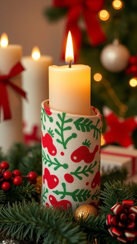 Una vela envuelta en tela festiva con peces rojos y hojas verdes, rodeada de decoraciones navideñas.