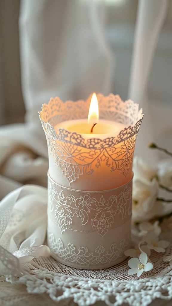 Una vela envuelta en encaje con un brillo suave.