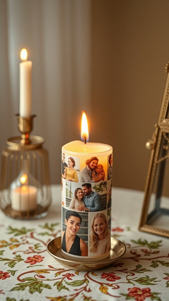 Una vela de collage de fotos personalizada rodeada de velas decorativas y un mantel floral.