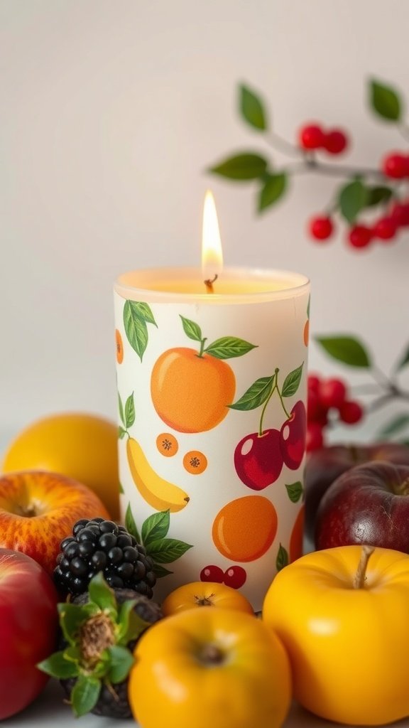 Una vela con motivo de frutas de temporada rodeada de diversas frutas.
