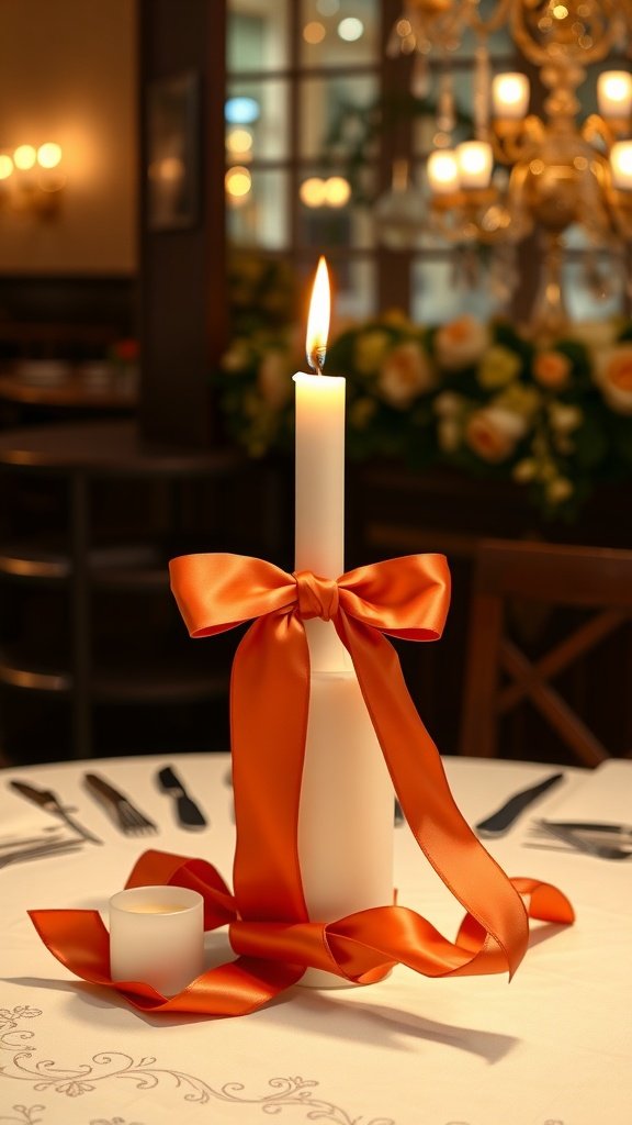 Una vela blanca envuelta con un lazo de cinta de seda naranja sobre una mesa de comedor.
