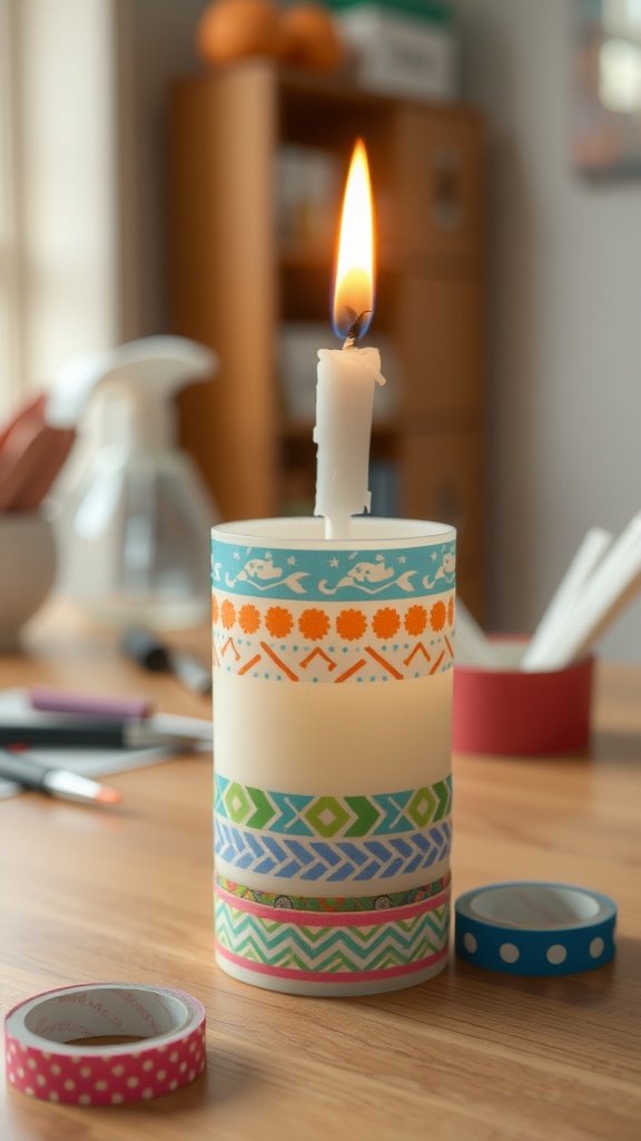 Una vela decorada con cinta washi de colores, que muestra varios patrones y una mecha encendida.