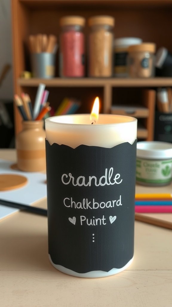 Una vela envuelta en pintura de pizarra con una etiqueta escrita a mano.