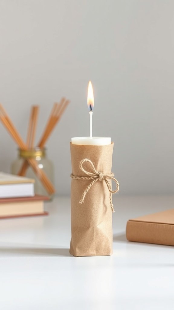 Una vela envuelta en papel kraft minimalista con cordel, colocada sobre una mesa.