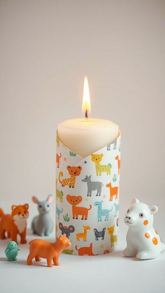 Una vela envuelta en papel con estampado animal de colores rodeada de pequeñas figuras de animales.