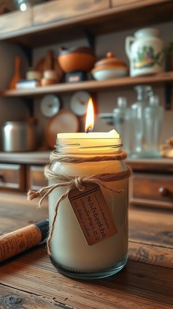 Una vela en un frasco de vidrio reciclado, envuelto con hilo y una etiqueta, colocado sobre una mesa de madera.
