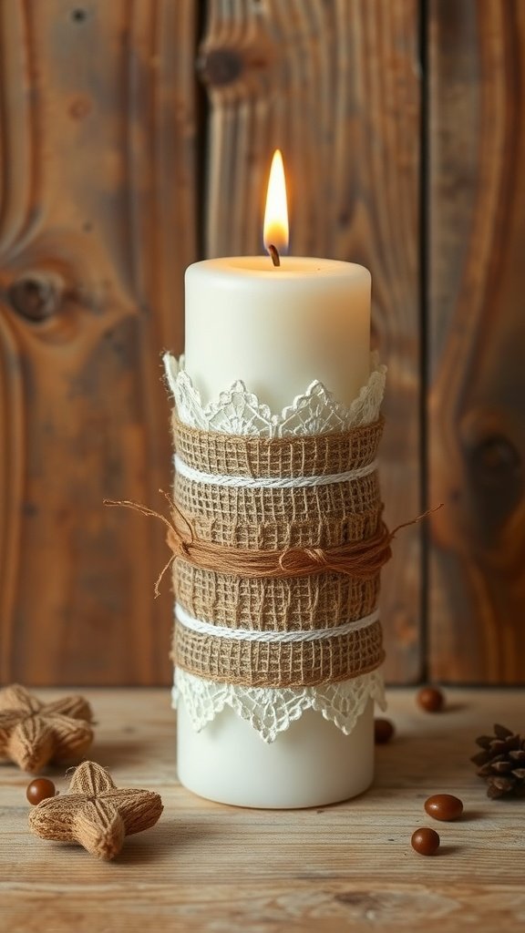 Una vela envuelta en arpillera y encaje, colocada sobre una superficie de madera con elementos decorativos a su alrededor.