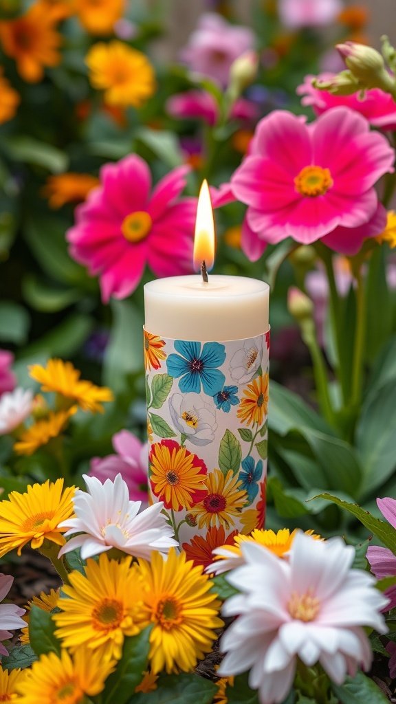 Una vela envuelta en un estampado floral brillante rodeada de flores de colores.