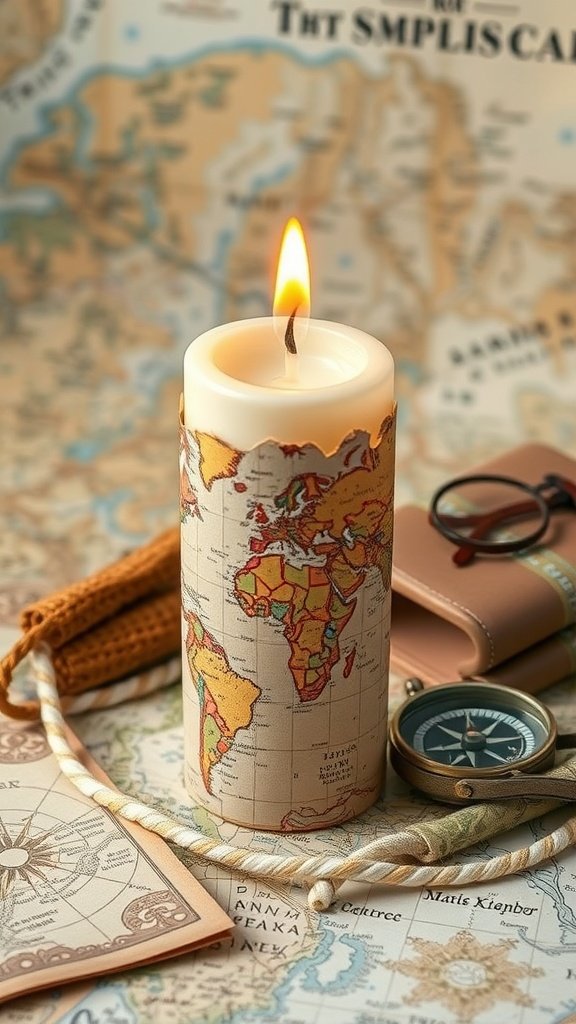 Una vela envuelta en un diseño de mapa de viaje, rodeada de elementos con temática de viaje.
