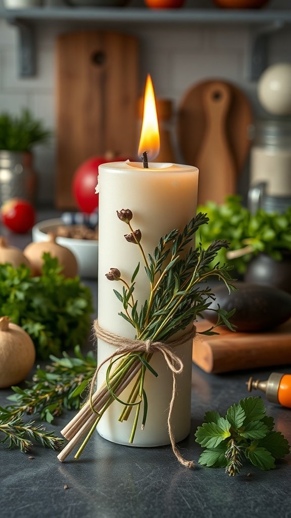 Una vela blanca envuelta con hierbas frescas y cordel, colocada sobre una encimera de cocina con varios ingredientes en el fondo.