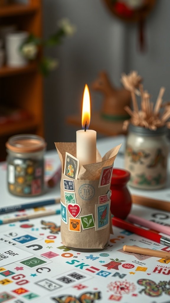 Una vela envuelta en papel artesanal con sellos de colores, rodeada de suministros para manualidades.