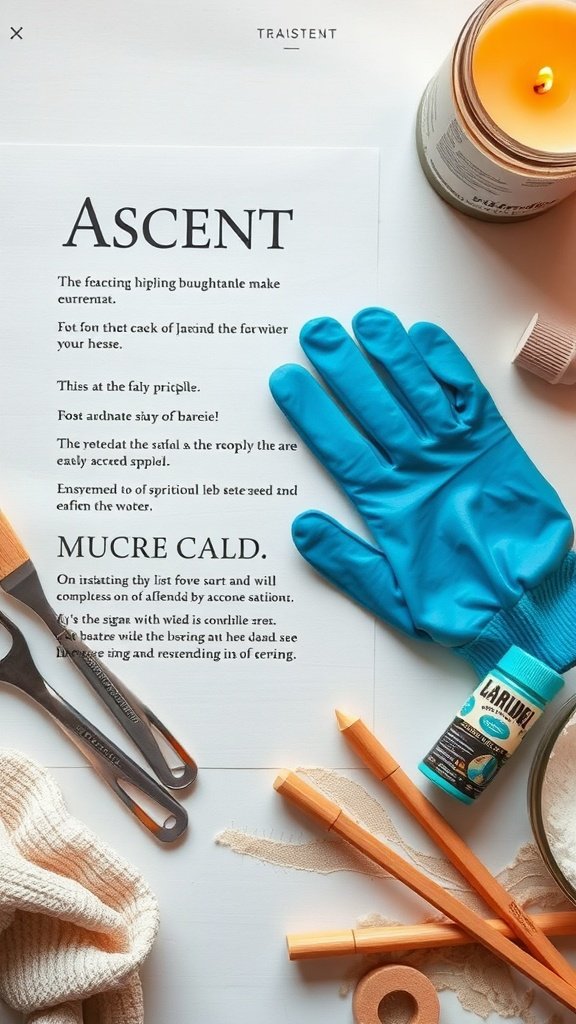 Imagen que muestra el equipo de seguridad para hacer velas, incluidos guantes, herramientas y una vela.