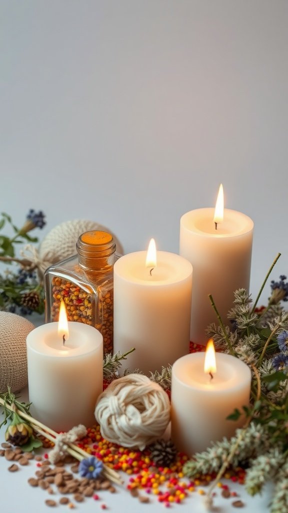 Elementos decorativos para hacer velas, incluidas velas, flores secas, cuentas de colores y cordel.