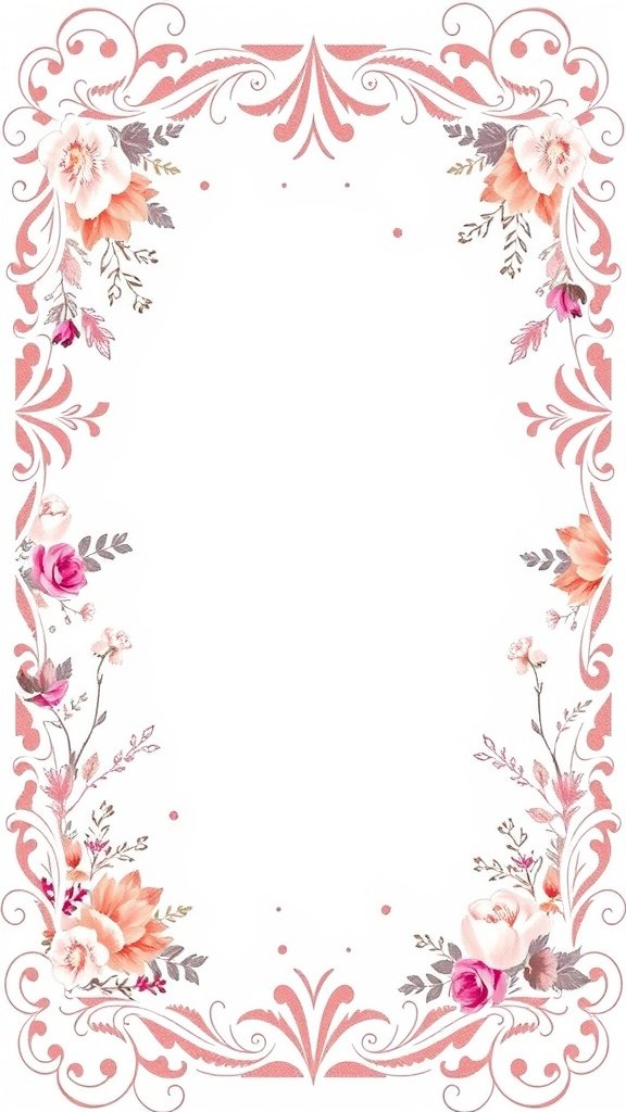 Un diseño de invitación de boda floral con bordes decorativos y elegantes flores.