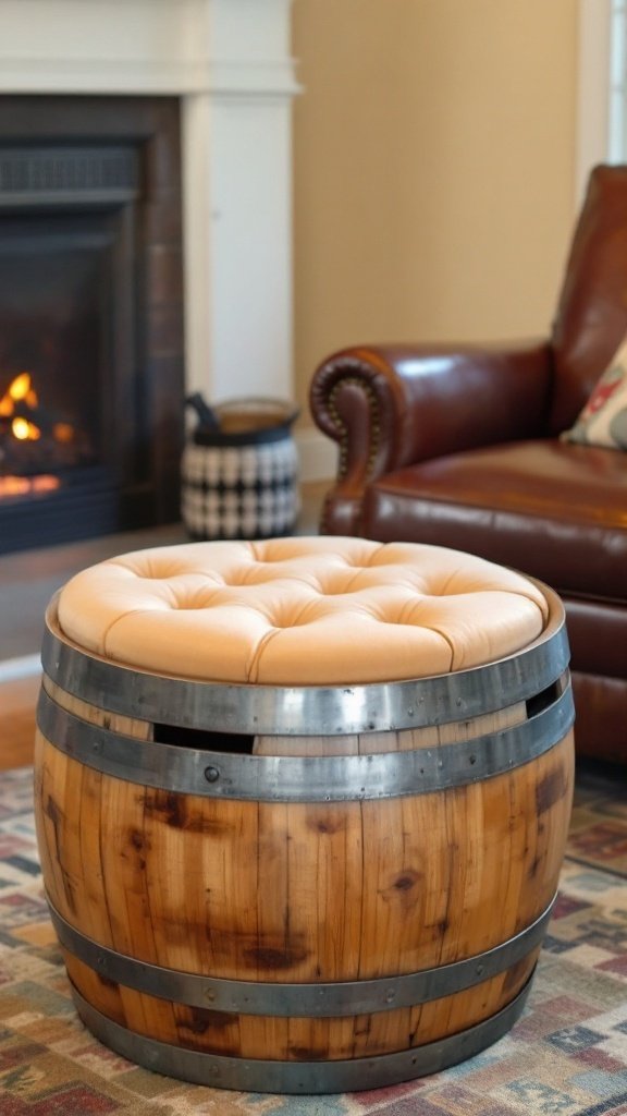 Un barril de whisky de madera convertido en una otomana de almacenamiento con una tapa de cuero con mechones
