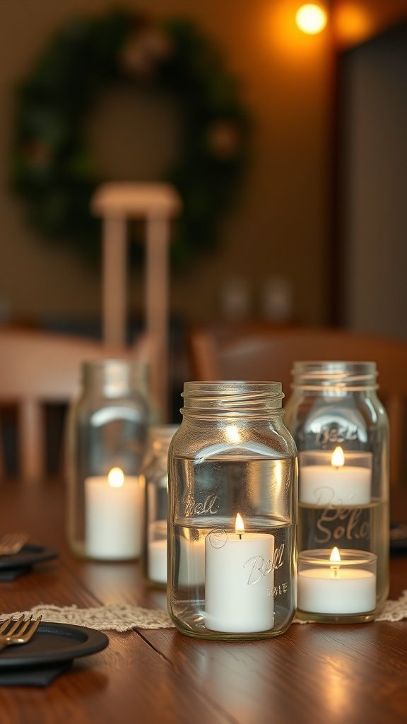 Mason jars with floating candles on a wooden table, creating a cozy atmosphere.