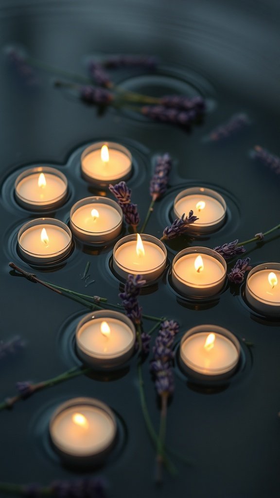 Lavender scented floating candles in water with lavender sprigs