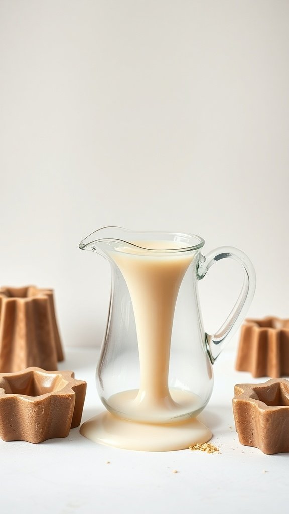 A glass pouring pitcher filled with melted wax, surrounded by star-shaped candle molds.