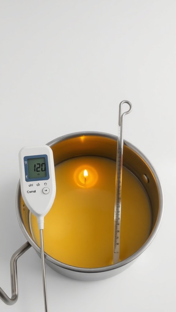 A thermometer measuring the temperature of melted wax in a pot, with a candle flame visible.