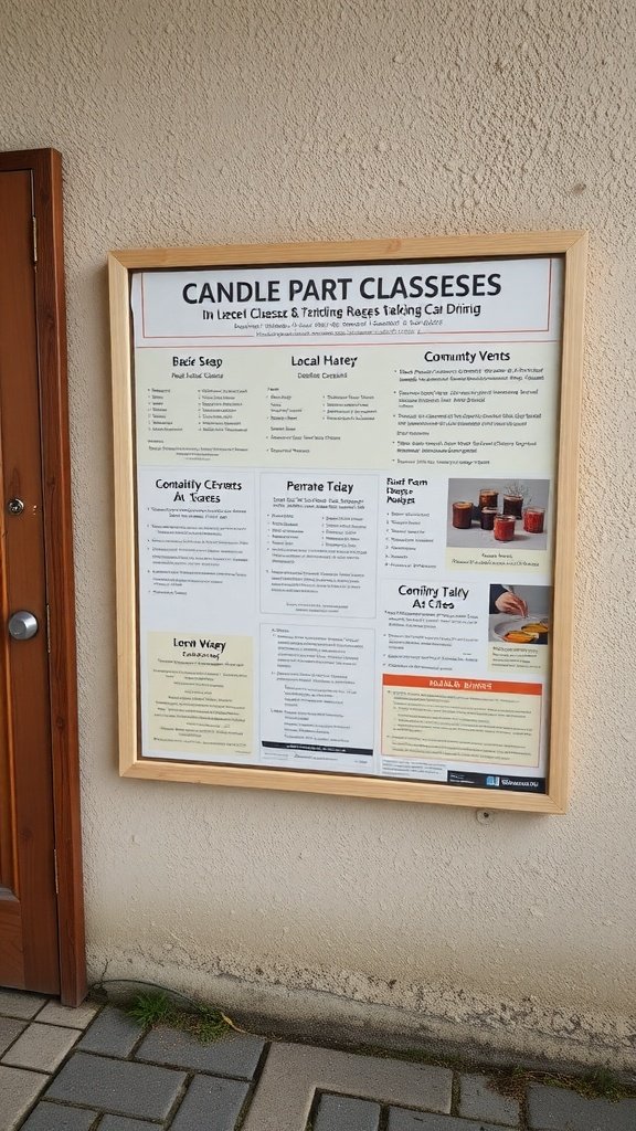 A bulletin board displaying information about candle making classes and community events.