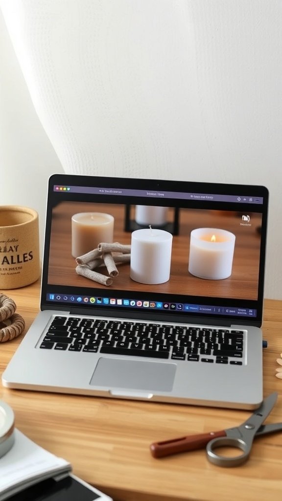 A laptop displaying beautiful candles on a wooden table, surrounded by candle making supplies.