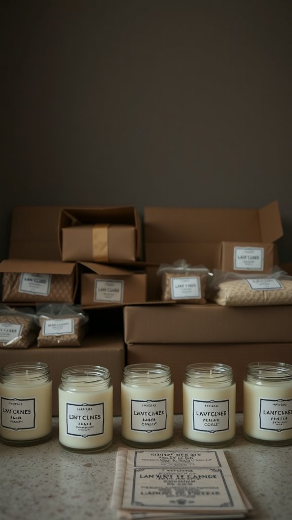 An organized display of candles with labels and packaging supplies.