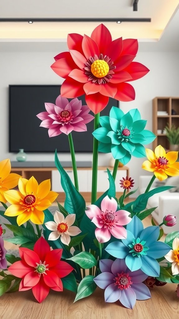 Una colección vibrante de flores de papel 3D en varios colores y tamaños, exhibidas en una habitación luminosa.