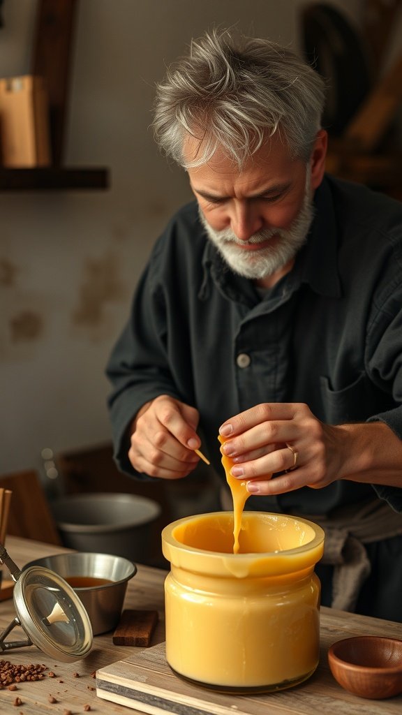 A person carefully pouring wax into a container while making candles.