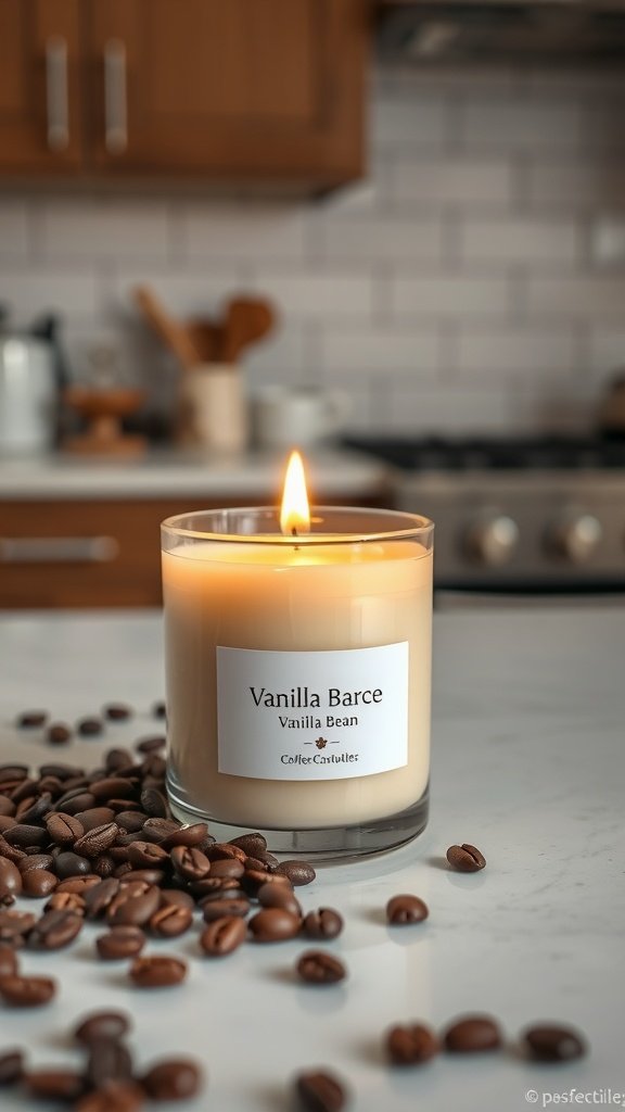 A Vanilla Bean and Coffee Bliss Candle with coffee beans scattered around it.