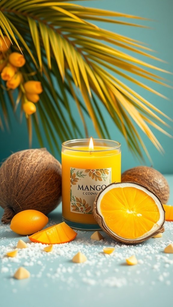 A vibrant Mango and Coconut Paradise Candle surrounded by tropical elements like coconuts, mango slices, and palm leaves.
