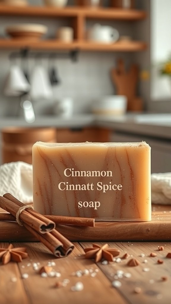 A bar of Cinnamon Spice soap with cinnamon sticks and star anise on a wooden surface