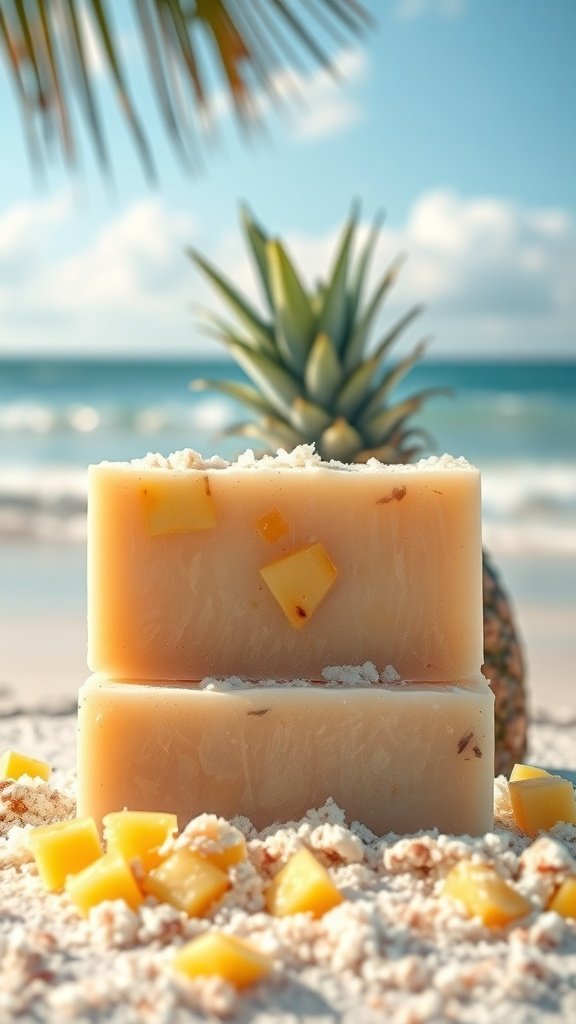 Two bars of pineapple coconut soap with fresh pineapple pieces on a sandy beach.