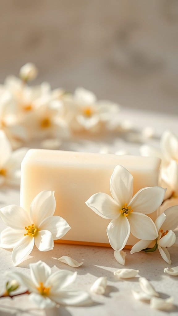 A bar of Jasmine Blossom Soap surrounded by fresh jasmine flowers.