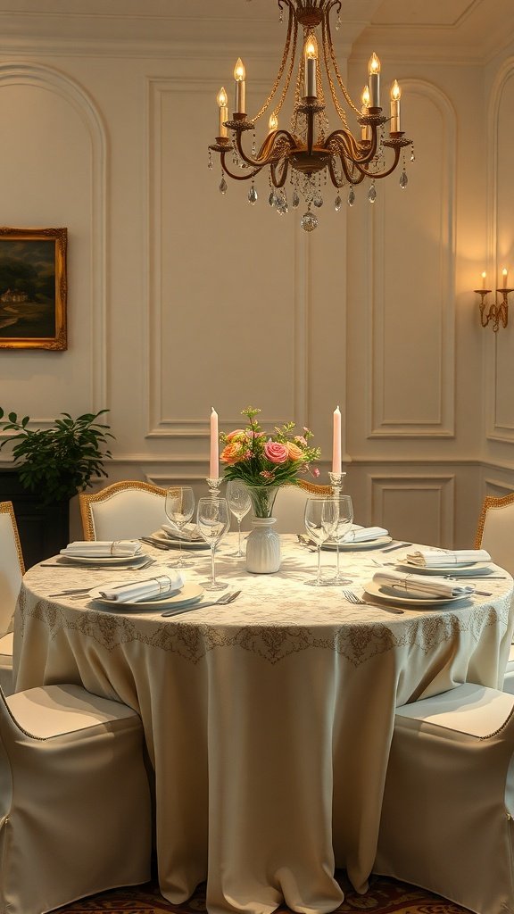 A beautifully arranged formal dining table with a round tablecloth, fine china, glassware, and a floral centerpiece.