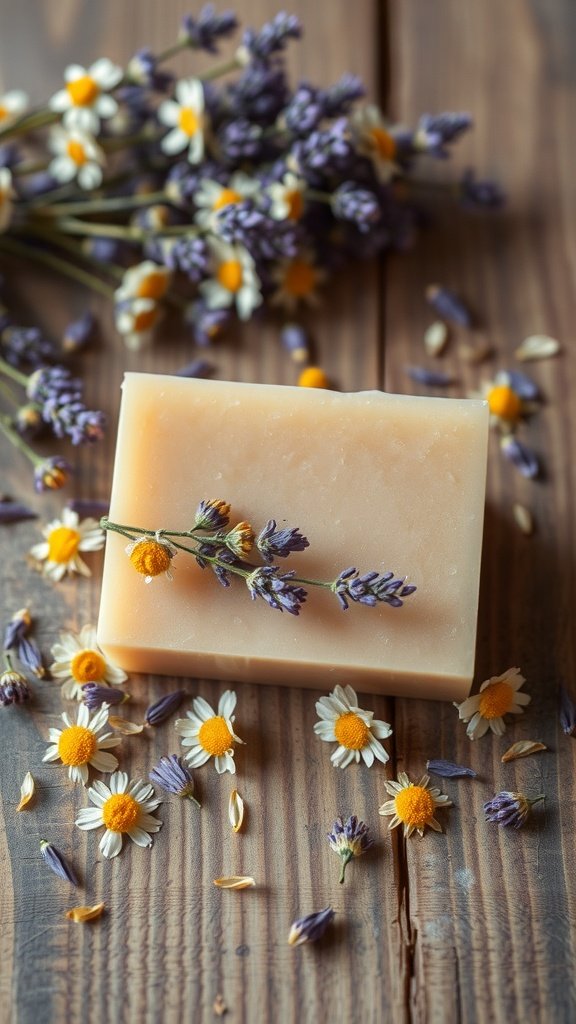 A bar of lavender and chamomile soap surrounded by dried flowers on a wooden surface.