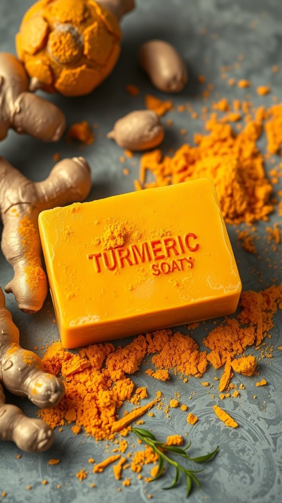 A vibrant yellow bar of turmeric soap surrounded by fresh ginger and turmeric root.