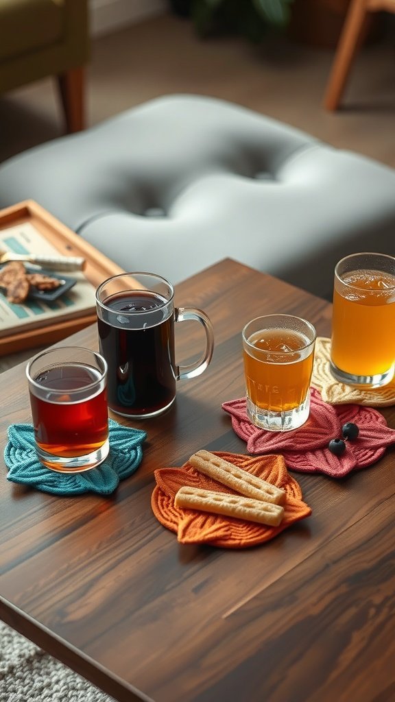 Colorful fabric coasters with drinks on a wooden table