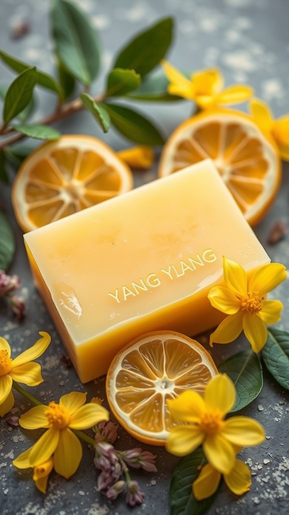Aromatic soap with bergamot and ylang-ylang, surrounded by flowers and citrus slices.