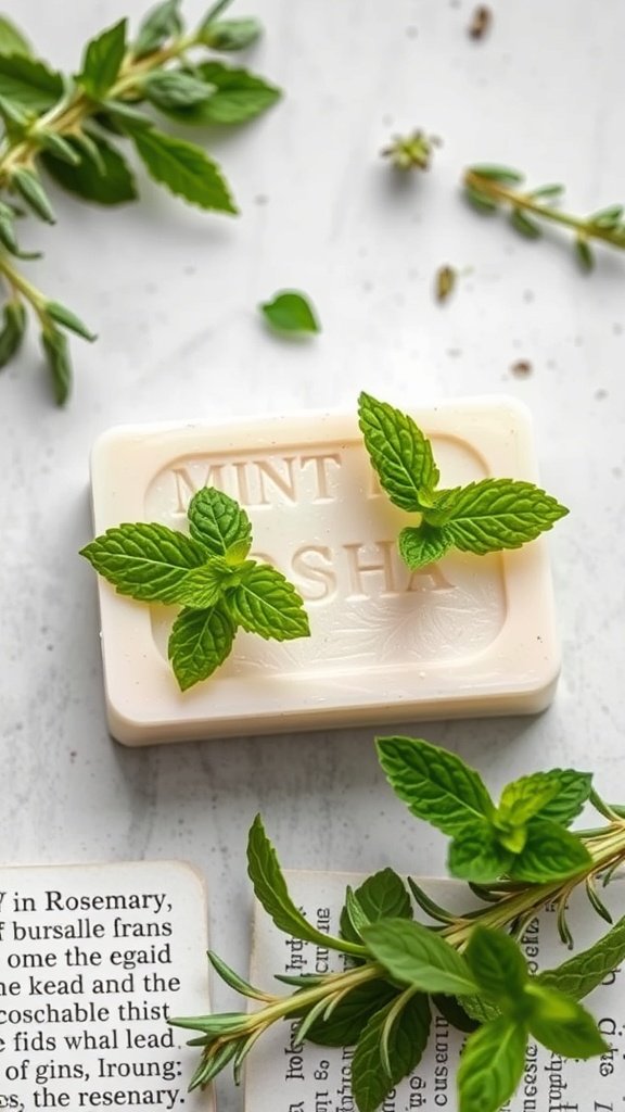 A bar of mint soap with fresh mint leaves and rosemary sprigs around it.