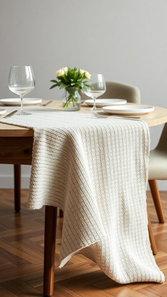 A textured cream table runner on a wooden dining table with wine glasses and a small flower vase.