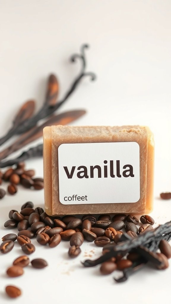 A bar of coffee and vanilla exfoliating soap surrounded by coffee beans and vanilla pods.