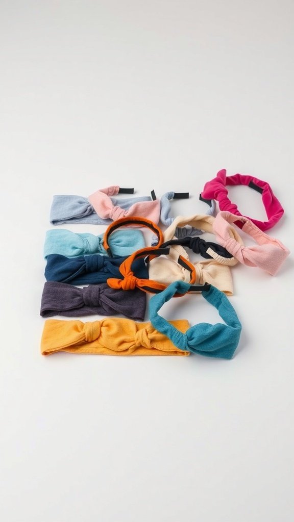 A collection of colorful fabric headbands arranged neatly.