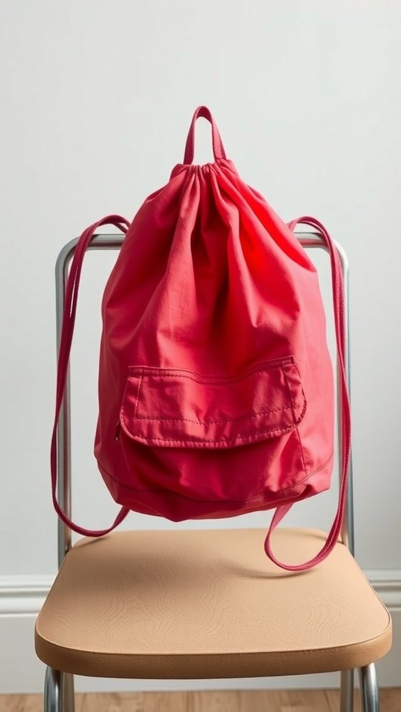 A bright pink drawstring backpack sitting on a chair.